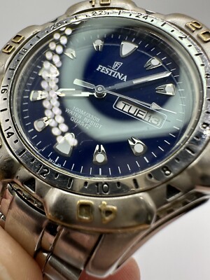 Festina Men's Vintage Day Date Silver Watch 1990s 8811 Diver Blue