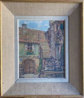 ::OIL PAINTING INDISTINCT. SIGNED 1962 HOUSE WITH THATCHED ROOF BARN WITH FLOWERS BACKYARD