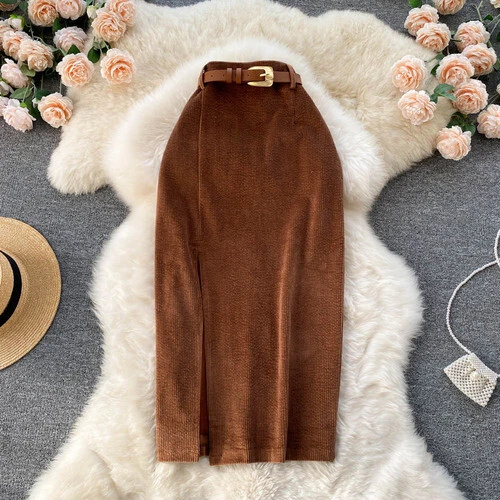 Women Midi Corduroy Skirt A-line Pencil Side Slit with Belt Retro Casual Dress - Bild 14 von 21