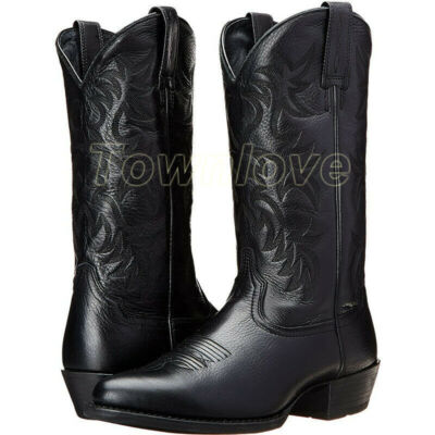 Men Pointed Toe Western Cowboy Boots Embroidery PU Leather High