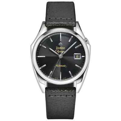 New Zodiac Olympos Dress Automatic Black Dial Black Leather Strap Watch ZO9700