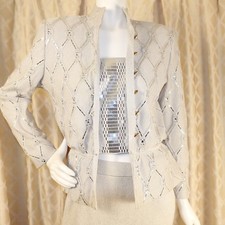 ST. JOHN Metallic Gray Rhinestones Santana Knitted Women Skirt Suit Size 8