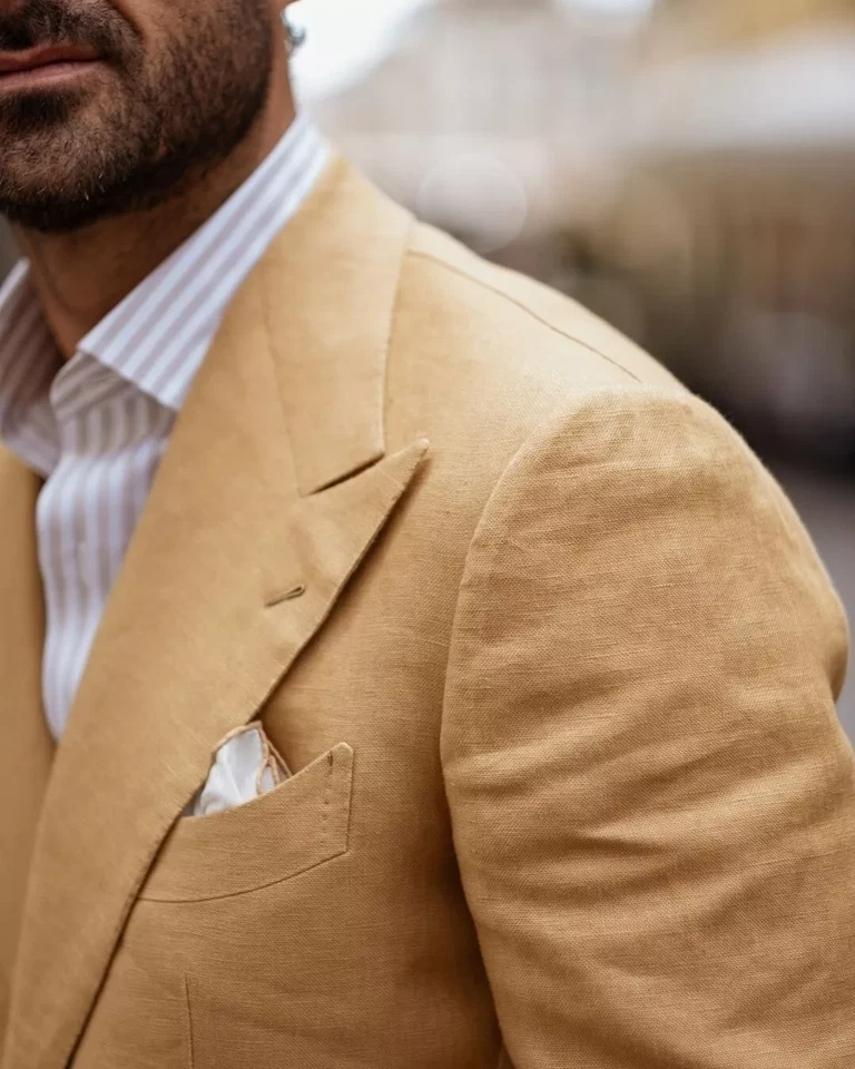 Trajes de hombre de negocios marrón de lino solapa de pico doble pecho ropa de primavera verano Foto 4 de 4