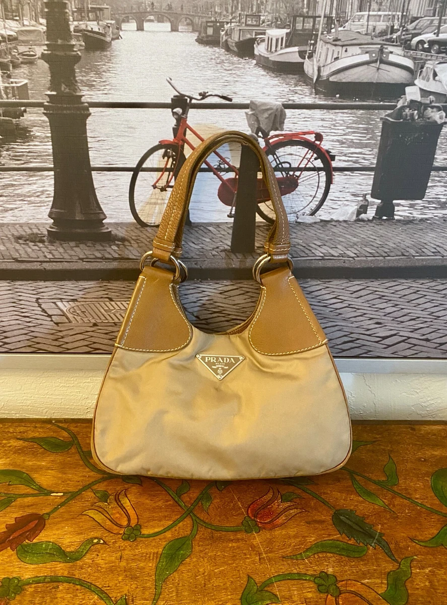 PRADA Triangle Tessuto NYLON & TAN Beige Leather Adjustable Shoulder Bag #31 EUC