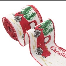 2" Christmas ribbon Red truck Wired ribbon  Merry Christmas ribbon 5 Yards