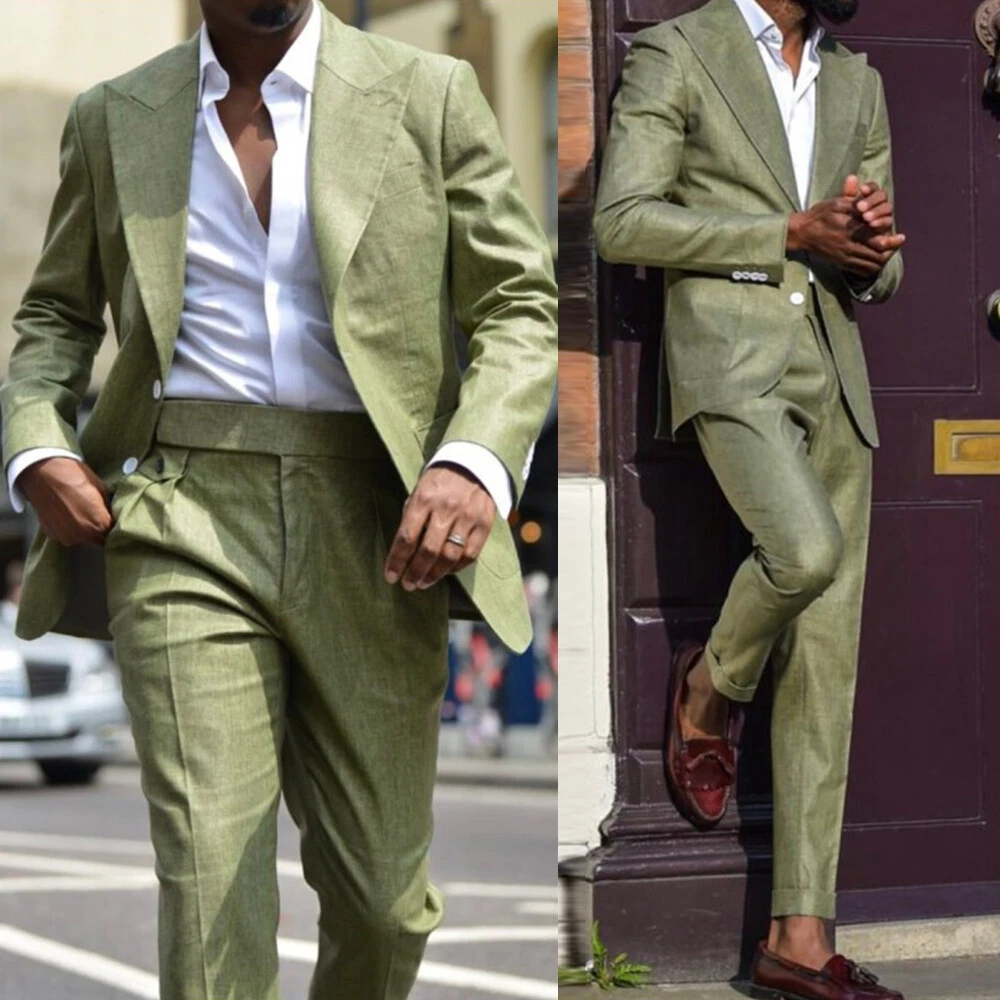 Wide Peak Lapel Men Suit Linen Wedding Groom Formal Spring Jacket Pleated Pant