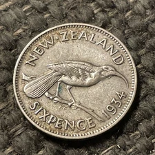 1934 New Zealand 6 Pence Silver Coin.