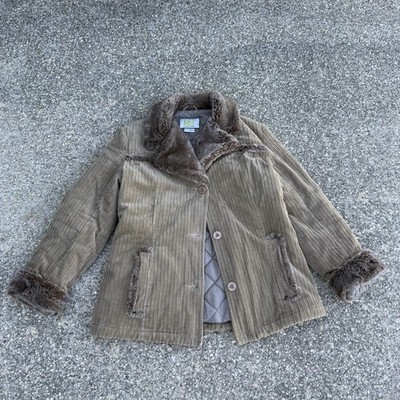 Vintage l.e.i. Corduroy Faux Fur Trimmed Jacket Brown Button Up Y2K Size M