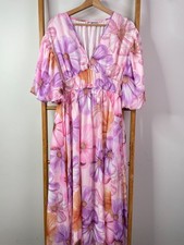 Vine Apparel Maxi Dress Womens 14 Pink Purple Floral Balloon Sleeve V-Neck Boho