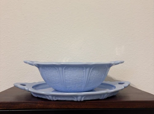 Vintage Jeanette Cherry Blossom Blue Delphite Handled Serving Bowl 9" With Plate