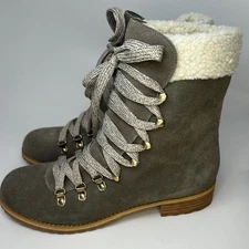 Sole Society Women's 9 Gray/Beige Suede Lace Up Sherpa Lined Ankle Boots