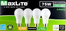 MaxLite A19 Dimmable LED Bulb 75W Replacement 10W 2700K Soft White 1100 Lumen
