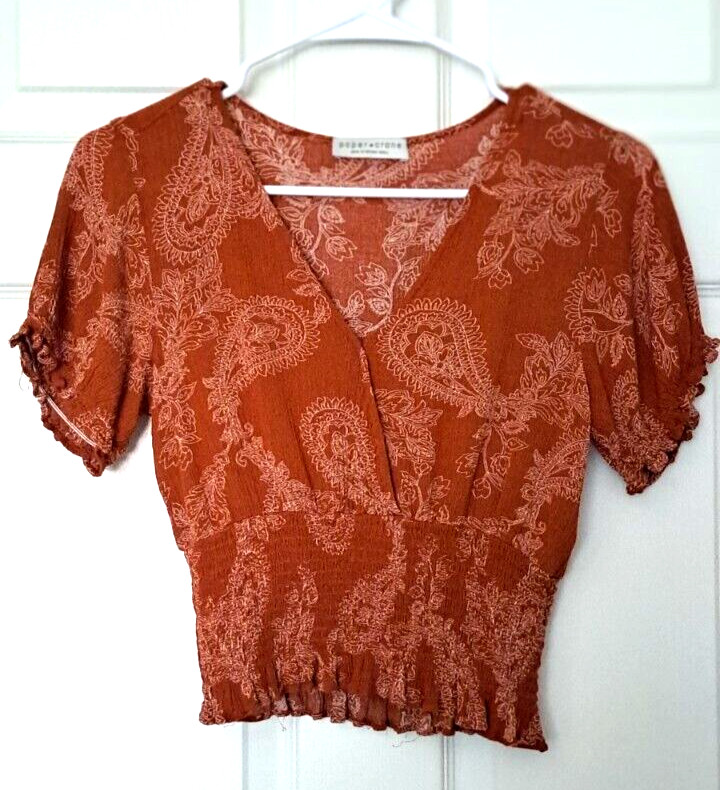 Paper Crane Women's Orange Paisley Elastic Waist Flutter Sleeve Top Size Small