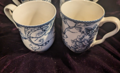 PAIR 222 Fifth Adelaide Blue And White Coffee Mugs