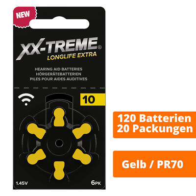 120 Stück Hörgerätebatterien Typ 10 PR70 Gelb XX-TREME Longlife Extra 1,45 V