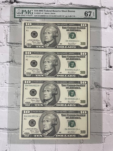 Uncut 4-Note Sheet $10.00 FRN 2003 Boston A/Star Block - Low Serial - PMG 67 EPQ - 第 1/2 張圖片