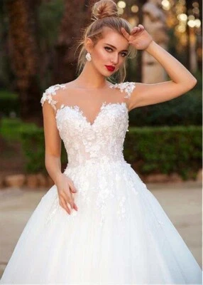 Brautkleid Hochzeitskleid Spitze Aufkleber A-Linie Weiß Ivory Maßgeschneidert - Bild 1 von 4