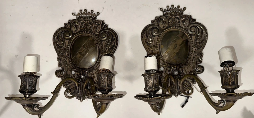 Incredible PAIR Antique English Silver Plated Wall Sconces Crest With Crown - Image 2 of 4
