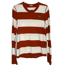 ABERCROMBIE & FITCH Shirt Muscle Fit V-Neck Striped Long Sleeve Mens M Orange