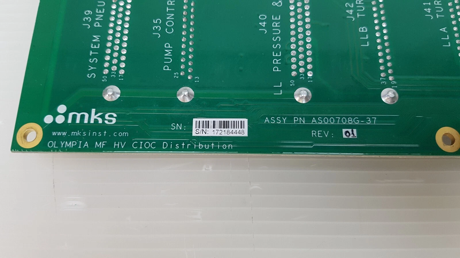 MKS logo, ASSY PN AS00708G-37 Rev 01 and OLYMPIA MF HV CIOC Distribution silkscreen