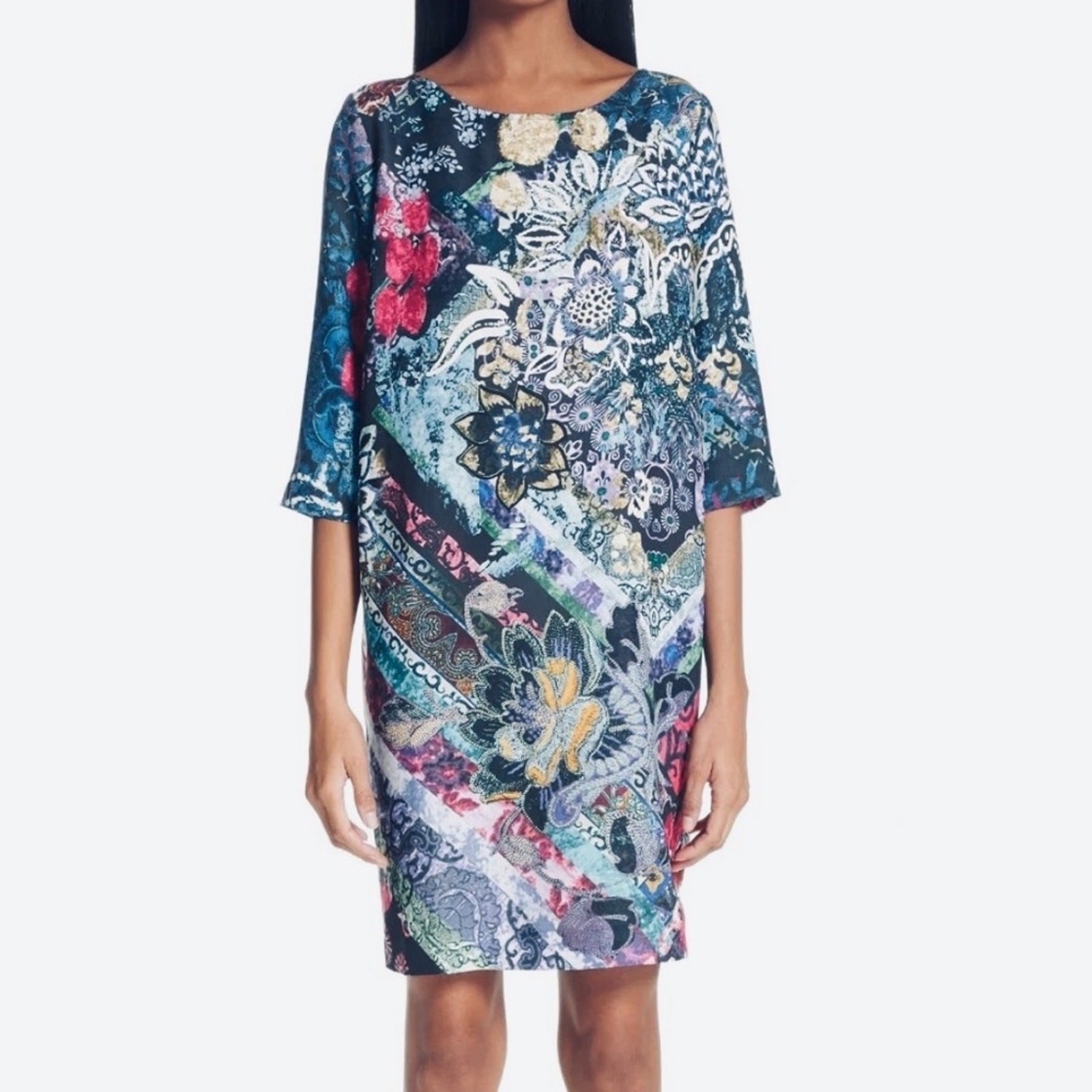 FUZZI Floral Multicolor Patchwork PrintShift Tuni… - image 1