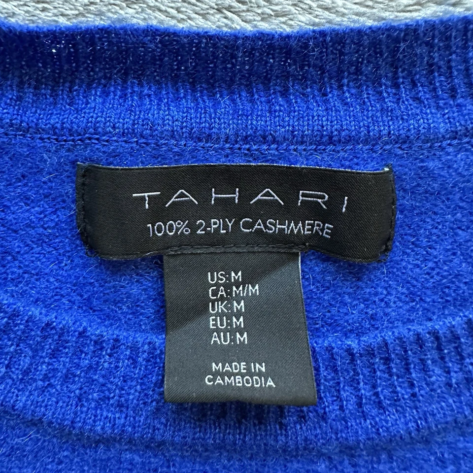 Suéter feminino Tahari M 100% 2 camadas cashmere azul royal manga longa malha macia - Imagem 3 de 4
