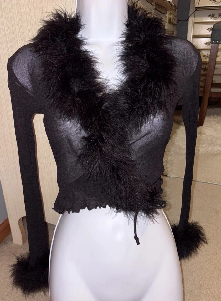 Top Corto Vintage Fredericks Of Hollywood Negro Sexy Borde de Plumas Esponjoso Y2K ·M· Foto 3 de 4