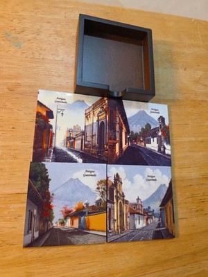 Febles Antigua Guatemala Wood Tile Coaster Set 4pc Colonial Street Scene Volcano