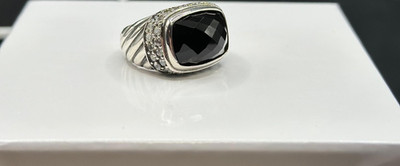 David Yurman Sterling Silver Albion 14mm Black Onyx & Diamond Ring Sz 7