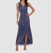 Adrianna Papell Women's Blue Metallic Sleeveless Mesh High Low Gown Dress Sz 14