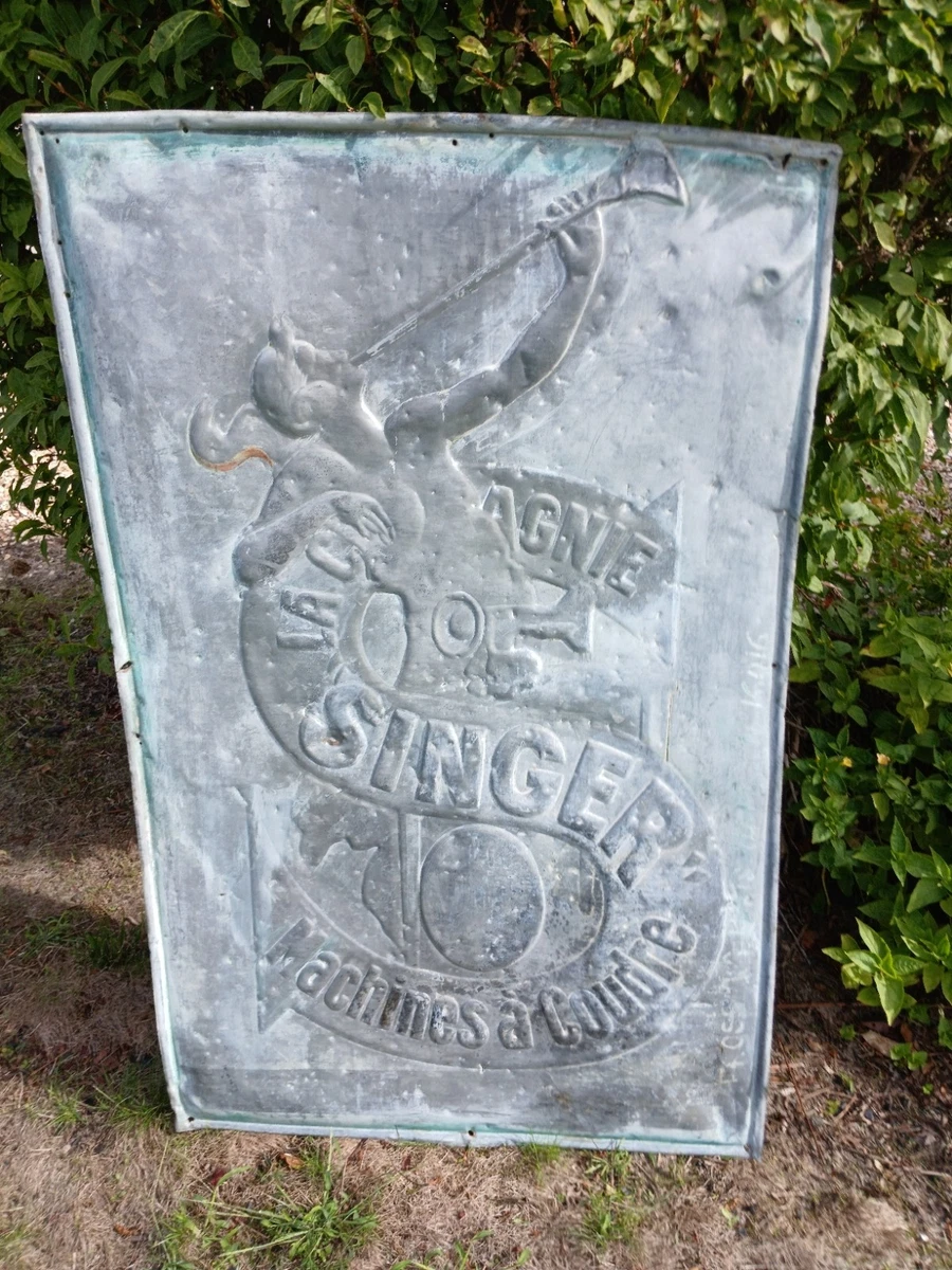 Plaque Métal Tôlée Vintage 20X20 RONDE PUBLICITE MACHINE A COUDRE SINGER