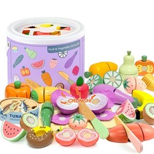 42 Pcs Play Food Set for Play Kitchen Accessories, Wooden Toys Pretend Cuttin...