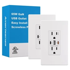 GaN 65W 6Amp 3-Port USB Wall Outlet, 15 Amp Tamper-Resistant Receptacle with ...