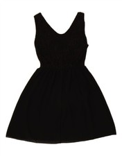 VINTAGE Womens Sleeveless Lace A-Line Dress UK 8 Small Black Floral BX10