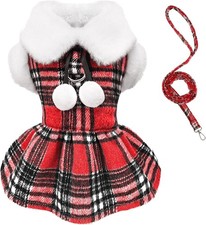 Red Plaid Dog Harness Dress and Leash Set, Fleece Pet X-Small,