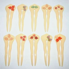 Hair Pick Stick Hand Decorated Ivory Beige Women Two Prong Fork Made in France