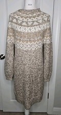 LOFT Fair Isle Gold Metallic Knit Puff Sleeve Mock Neck Sweater Dress Sz MEDIUM