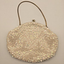 Vintage Cream Sequin Beaded Purse Clutch Kiss Lock Crystal Gold Du-Val Hong Kong