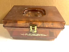 Vintage  Plastic Amber Sewing Box With Tray and Contents Included