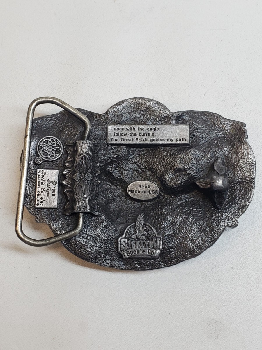 Vtg 1988 Siskiyou Buckle Co. Buffalo Nickel Pewter Belt Buckle Made in USA L-XL 1988 Siskiyou Buckle Co. Native American Eagle Horse Buffalo  main image 4