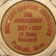 1987 Camp Massasoit Plymouth, MA Wooden Nickel - Massachusetts Token