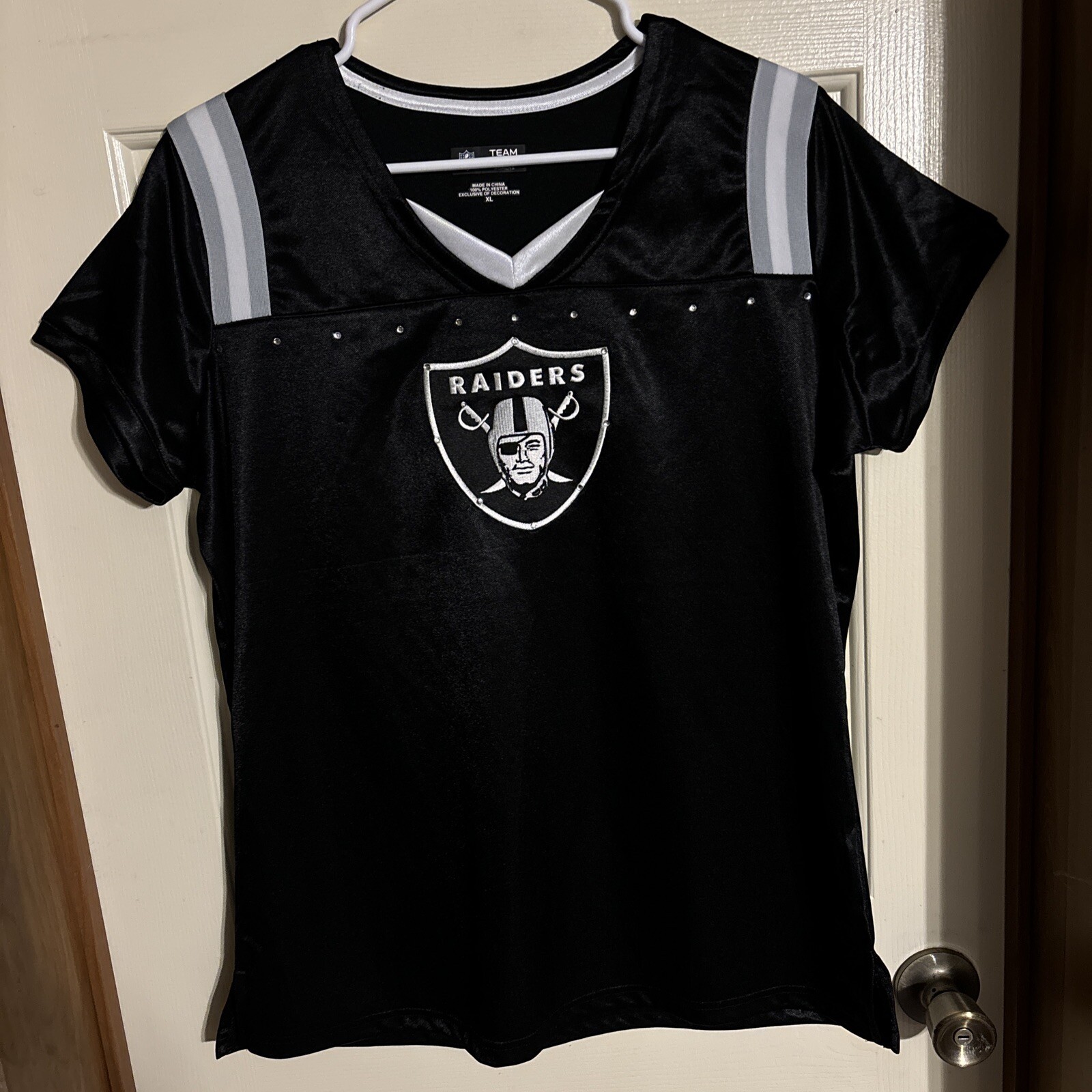 Women's SS NFL Team Apparel XL Raiders Blouse Black Silver Bling Football Sports