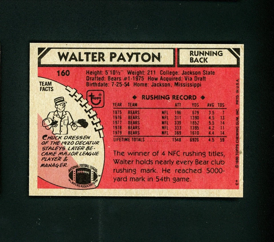 Walter Payton 1980 Topps (HOF) Chicago Bears #160 como nuevo Foto 2 de 2