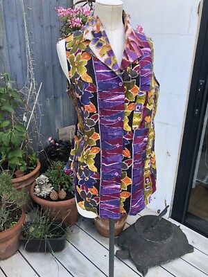 JUST CLASS TRUE VINTAGE GR 14 ÄRMELLOSE BLUSE SHIRT MEHRFARBIG BAUMWOLLDRUCK