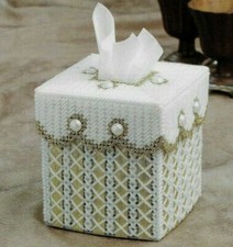 GOLD RIBBON TISSUE BOX COVER HOME DECOR PLASTIC CANVAS PATTERN INSTRUCTIONS