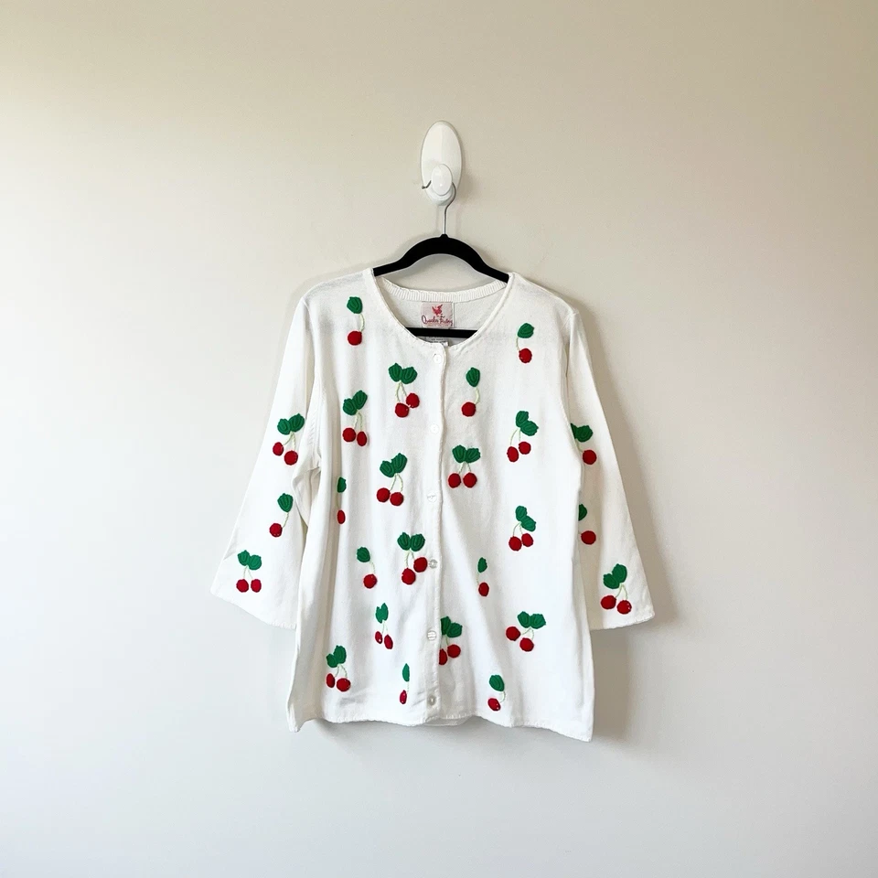 Vintage Quacker Factory Cherry Print Cardigan Sweater White Kitschy Large NWT’s - Image 3 of 4