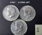 Lot Of 3 1967 Kennedy Half Dollar 40% Silver US Coin 50C