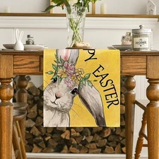 Artoid Mode Yellow Bunny Rabbit Flowers Happy Easter Table Runner