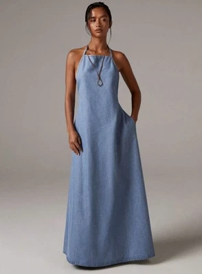 Chambray Denim Halter Neck Backless Maxi Dress Size 6 Blue Loose Fit M - Image 1 of 4