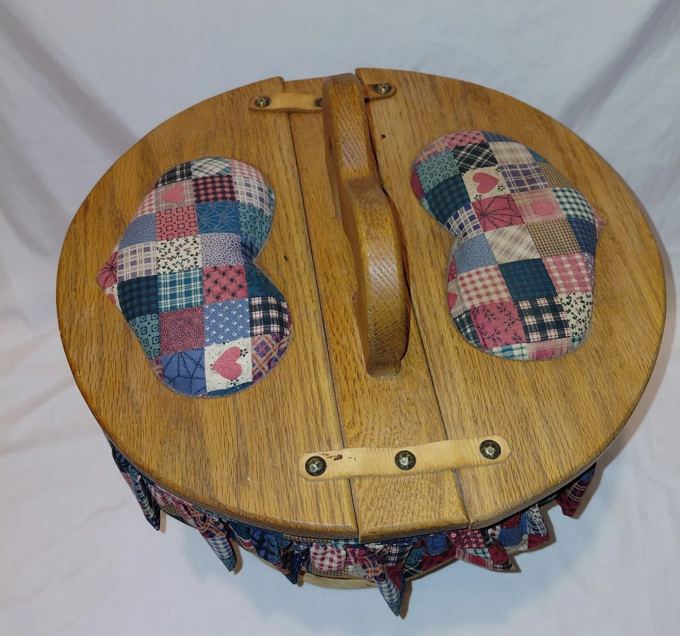 Vintage Oak Farmhouse Sewing Picnic Apple Barrel Wicker Basket Flip Open Fabric - Image 4 of 4